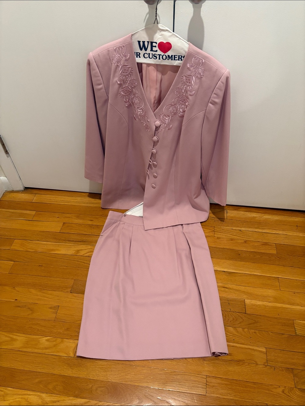 Embroidered V-Neck Pink Skirt Suit